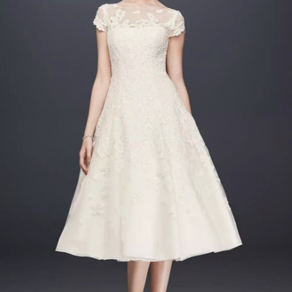 Oleg Cassini Cap Sleeve Illusion Wedding Dress - Picture 1 of 7